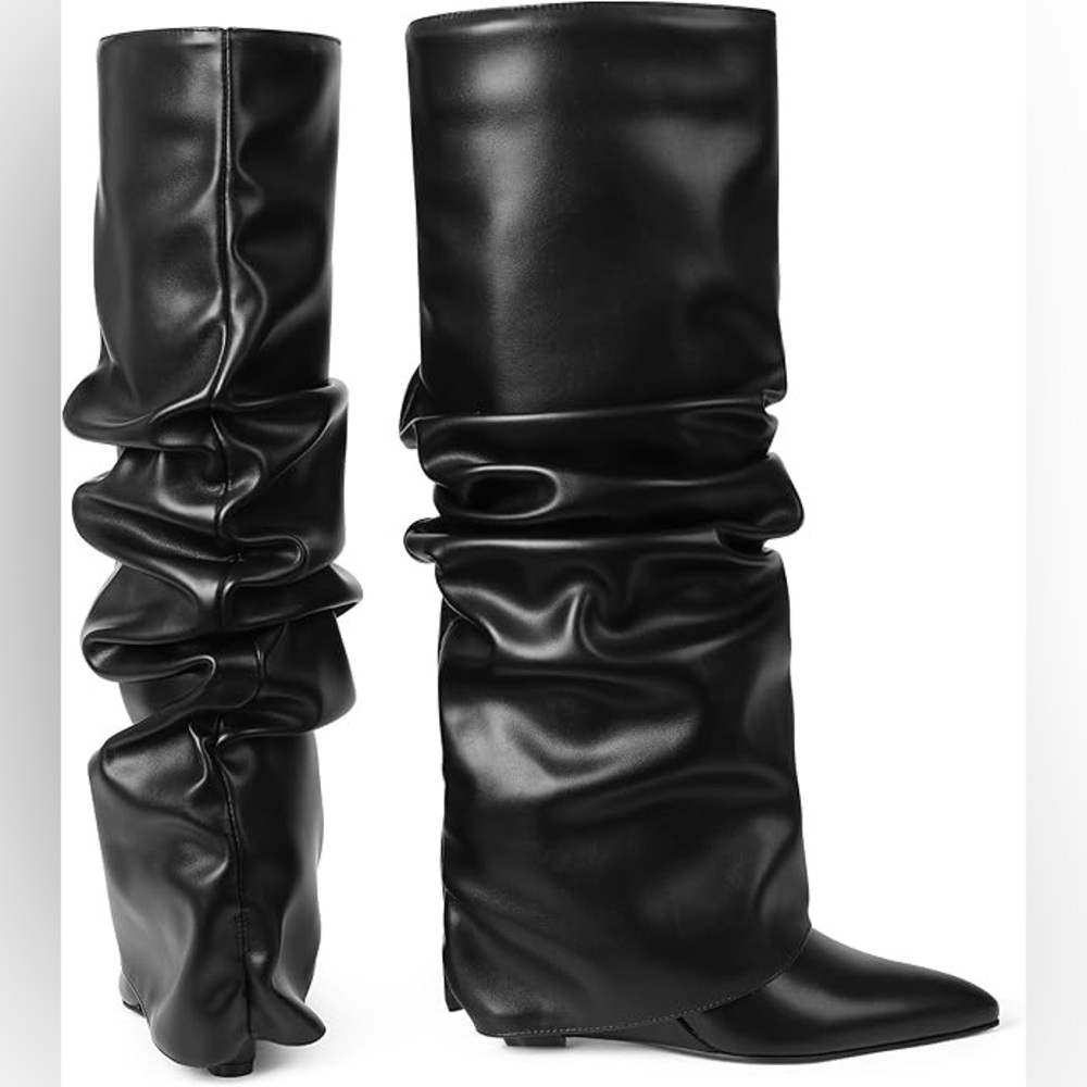 Women’s Fold Over Slouched Ruched Knee High Boots Wedge Heel Black Size 7